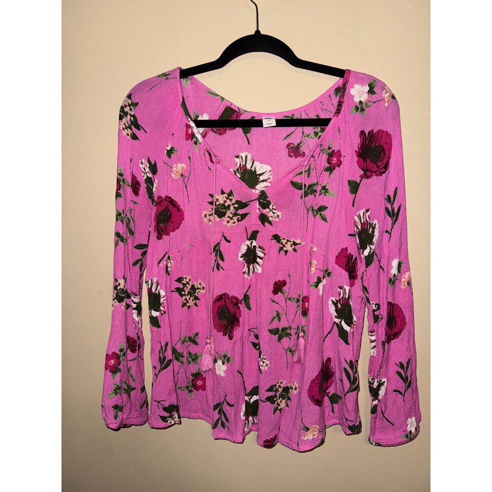 Botanical Pink Floral Boho Babydoll Blouse Tassel Tie Long Sleeve Medium Y2k